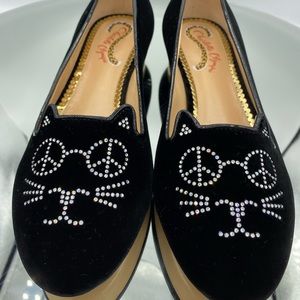 Charlotte Olympia kitty rhinestones black flats